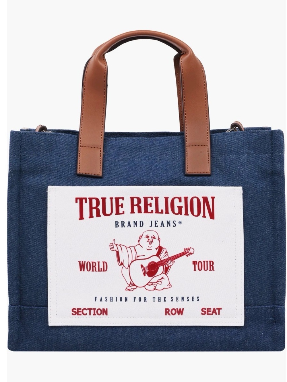 True Religion Navy Denim Tote with Tan Handles and Red Logo Patch